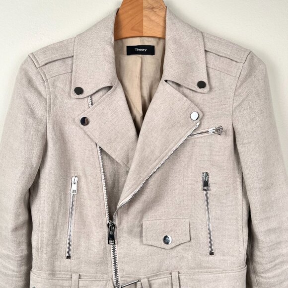 THEORY Women’s Linen Belted Shrunken Motorcycle Jacket - Beige. Size: XS - Picture 3 of 9